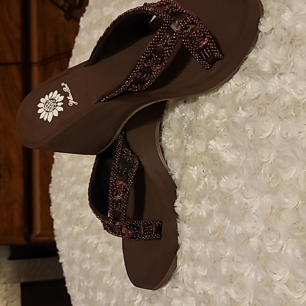 Yellow Box Dressy Beaded Flip Flop Wedges. Brown silk size 6.5